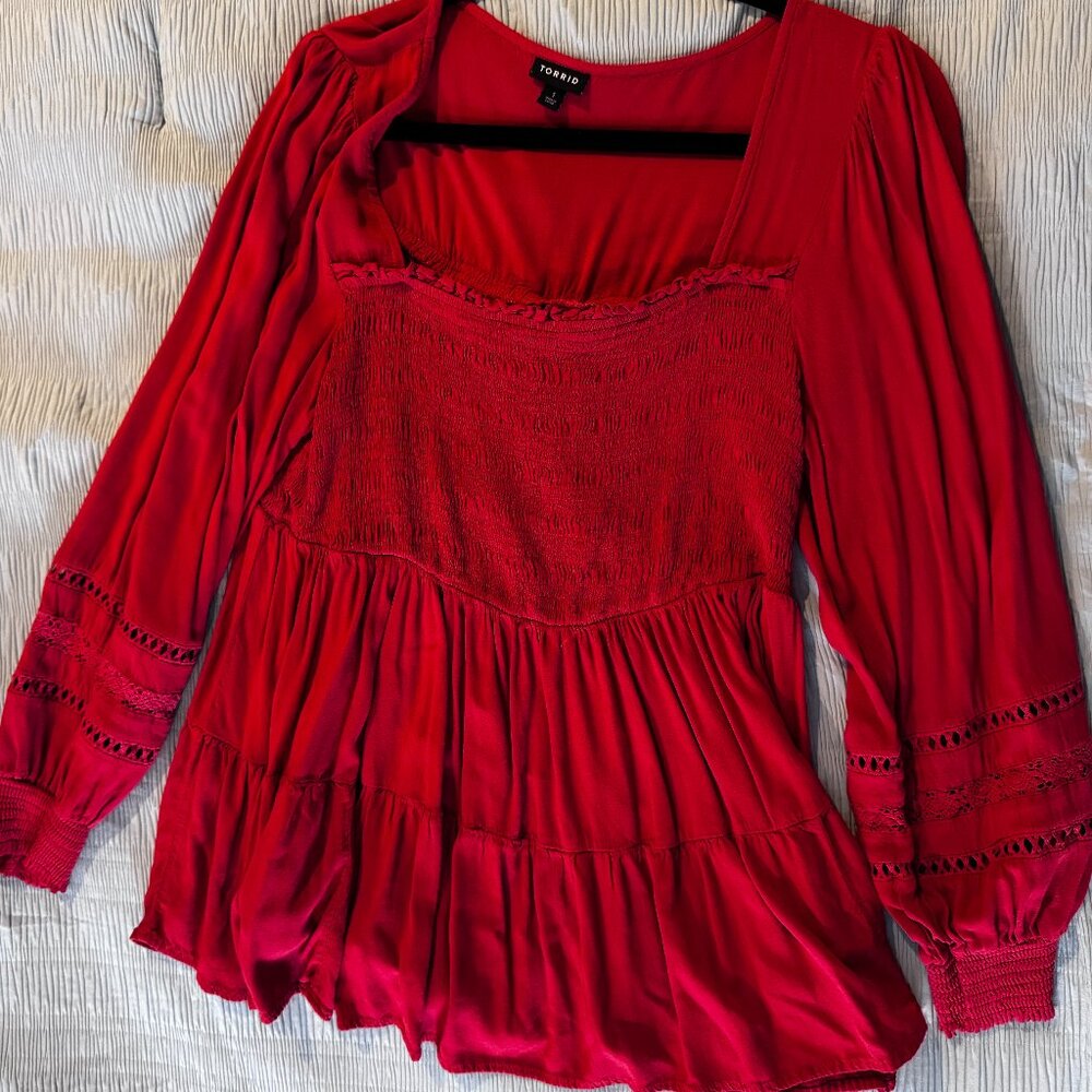 Red Torrid Smocked Long Sleeve Peplum Top